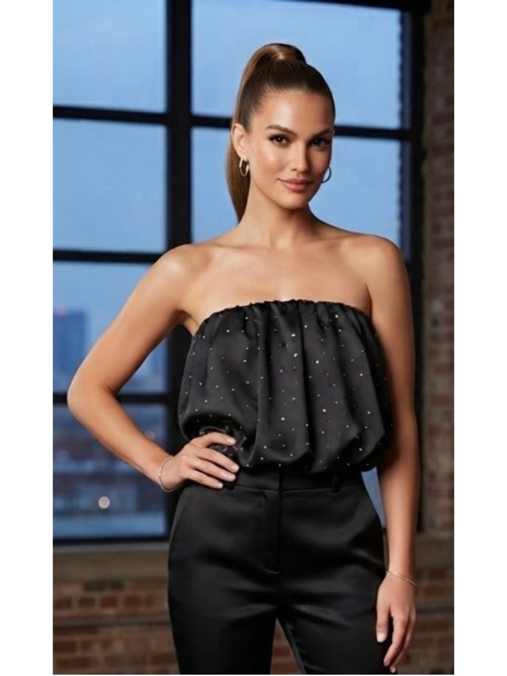 Zara Rhinestone Black Bubble Tube Top NWT Size Large Maximalist Glam Statement
